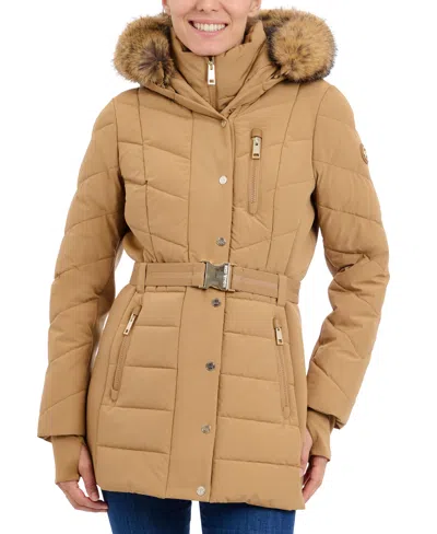 Michael Kors Michael  Petite Belted Faux-fur-trim Hooded Puffer Coat In Dark Camel