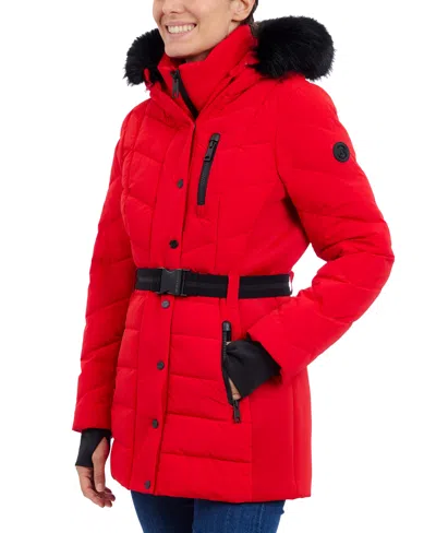 Michael Kors Michael  Women's Belted Bibbed Hooded Puffer Coat In Red