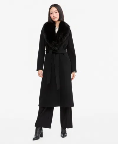 Michael Kors Michael  Women's Belted Faux-fur Trimmed Wrap Coat In Black