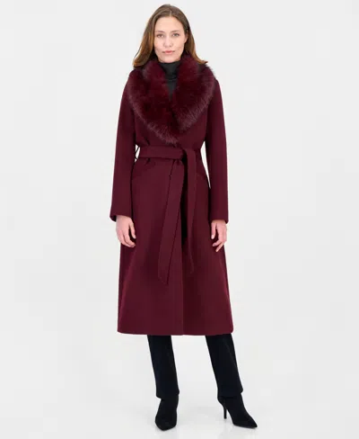 Michael Kors Michael  Women's Belted Faux-fur Trimmed Wrap Coat In Merlot