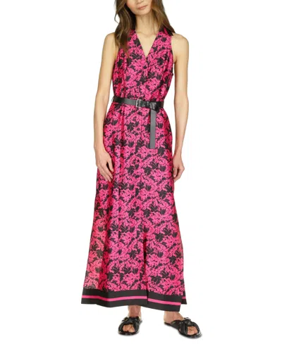 Michael Kors Michael  Women's Belted Floral-print Midi Dress In Cerise
