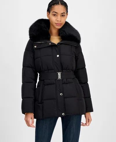 Michael Kors Michael  Women's Belted Hooded Faux-fur-collar Puffer Coat, Exclusively At Macy's In Black