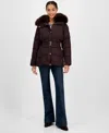Michael Kors Michael  Women's Belted Hooded Faux-fur-collar Puffer Coat, Exclusively At Macy's In Burgundy