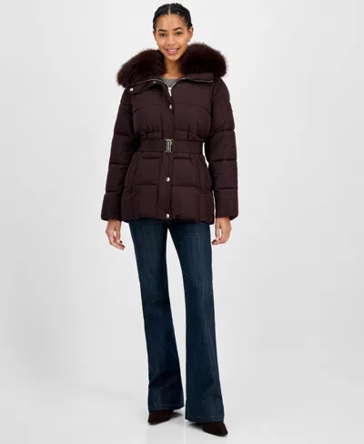 Michael Kors Michael  Women's Belted Hooded Faux-fur-collar Puffer Coat, Exclusively At Macy's In Brown