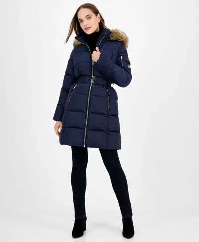 Michael Kors Michael  Women's Belted Hooded Faux-fur-trim Puffer Coat, Exclusively At Macy's In Blue