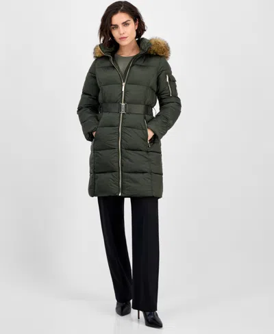 Michael Kors Michael  Women's Belted Hooded Faux-fur-trim Puffer Coat, Exclusively At Macy's In Gold