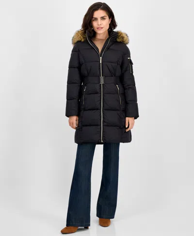 MICHAEL KORS MICHAEL MICHAEL KORS WOMEN'S BELTED HOODED FAUX-FUR-TRIM PUFFER COAT, EXCLUSIVELY AT MACY'S