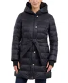 Michael Kors Michael  Plus Size Hooded Belted Down Puffer Coat, Created For Macy's In Black