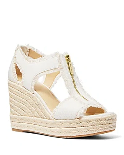 Michael Kors Michael  Women's Berkley Distressed Denim Espadrille Wedge Heel Platform Sandals In Optic White