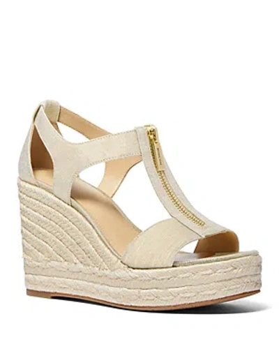 Michael Kors Michael  Women's Berkley Front Zip Espadrille Wedge Heel Platform Sandals In Pale Gold Linen