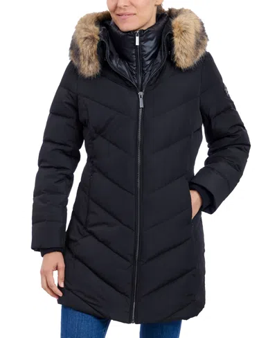 Michael Kors Michael  Women's Bibbed Faux-fur-trim Hooded Puffer Coat In Black
