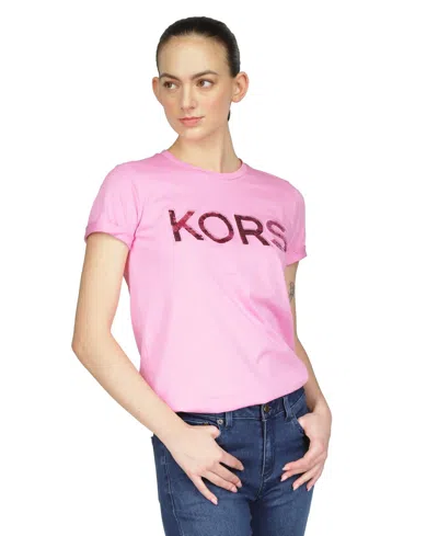 Michael Kors Michael  Women's Cotton Sequin Logo T-shirt In Light Chambra
