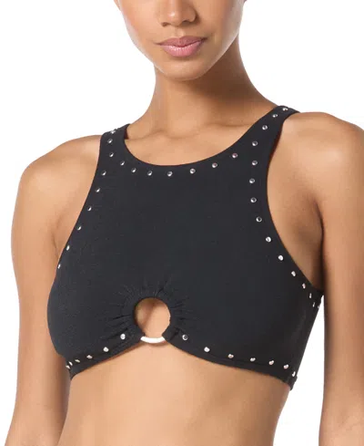 Michael Kors Michael  Womens Crepe Ring Studded Front Crop Top Crepe Ring Studded Front Bottoms In Black