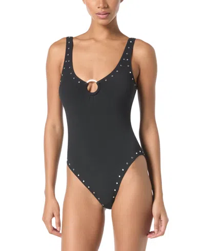 Michael Kors Michael  Women's Crepe Ring-front Scoop-neck One-piece Swimsuit In Black