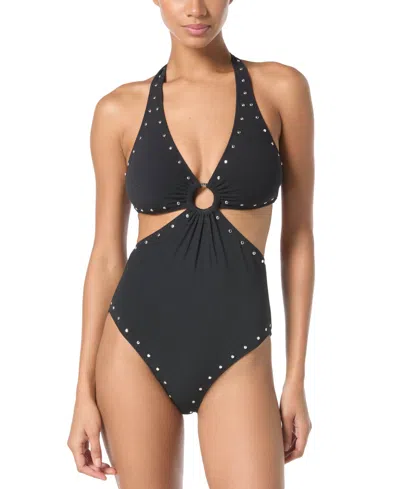 Michael Kors Michael  Women's Crepe Ring Halter Cut-out One-piece Swimsuit In Black