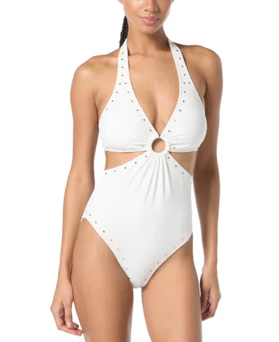 Michael Kors Michael  Women's Crepe Ring Halter Cut-out One-piece Swimsuit In White