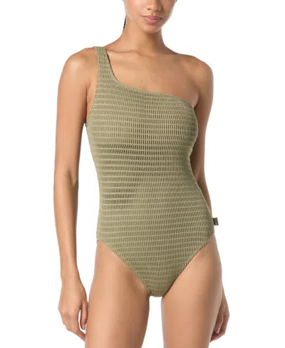 Michael Kors Michael  Women's Crochet One-shoulder One-piece Swimsuit In Safari Green