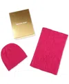 Michael Kors Michael  Women's Debossed Knit Metallic Beanie & Scarf Set In Deep Fuchia
