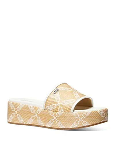 Michael Kors Michael  Women's Ember Almond Toe Logo Chain Raffia Wedge Sandals In Natural/optic White