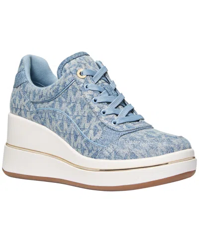Michael Kors Emmy Signature Logo Print Denim Wedge Trainer In Animal Print