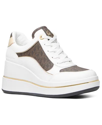Michael Kors Michael  Women's Emmy Wedge Trainer Sneakers In Optic White,brown Leather