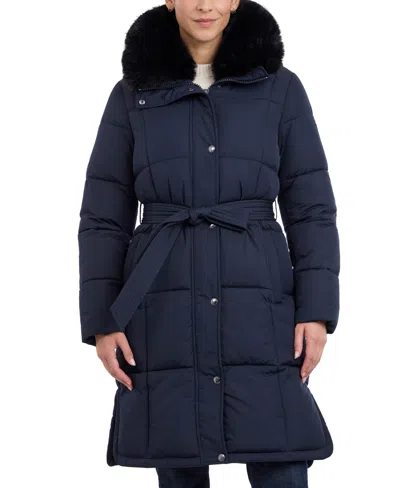 Michael Kors Michael  Women's Faux-fur-collar Belted Puffer Coat, Created For Macy's In Admiral