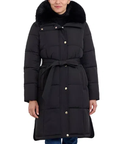 Michael Kors Michael  Women's Faux-fur-collar Belted Puffer Coat, Created For Macy's In Black
