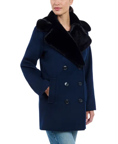 Michael Kors Double Breasted Wool Blend Coat With Faux Fur Collar In Admiral