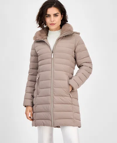 Michael Kors Michael  Women's Faux-fur-collar Hooded Packable Puffer Coat In Neutral
