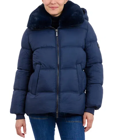 Michael Kors Michael  Women's Faux-fur-collar Hooded Puffer Coat, Created For Macy's In Admiral