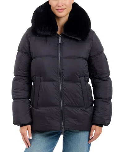 Michael Kors Michael  Women's Faux-fur-collar Hooded Puffer Coat, Created For Macy's In Black