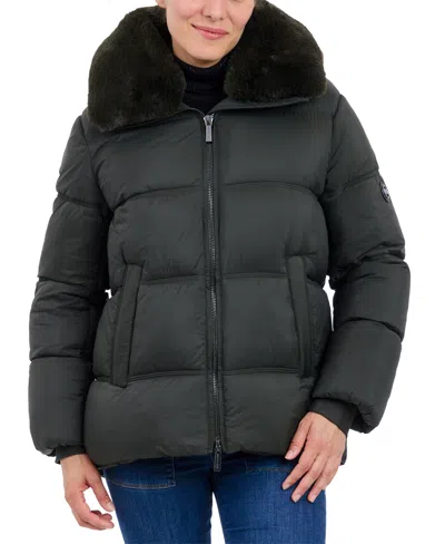 Michael Kors Michael  Women's Faux-fur-collar Hooded Puffer Coat, Created For Macy's In Dark Olive