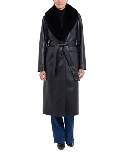 Michael Kors Michael  Women's Faux-fur-trim Faux-leather Trench Coat In Black