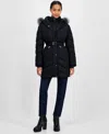 Michael Kors Michael  Women's Faux-fur-trim Hooded Belted Puffer Coat In Black