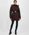 Michael Kors Michael  Women's Faux-fur-trim Hooded Belted Puffer Coat In Brown
