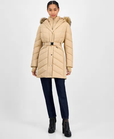 Michael Kors Michael  Women's Faux-fur-trim Hooded Belted Puffer Coat In Brown