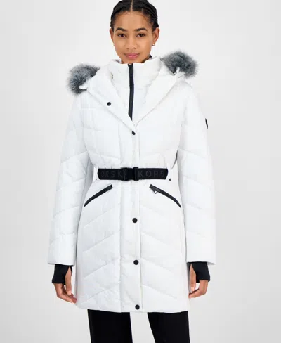 Michael Kors Michael  Women's Faux-fur-trim Hooded Belted Puffer Coat In White