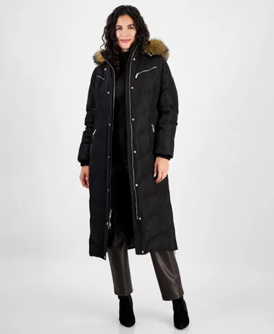 Michael Kors Michael  Women's Faux-fur-trim Hooded Maxi Puffer Coat In Black