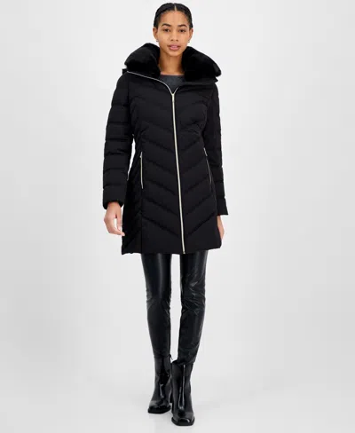 Michael Kors Michael  Women's Faux-fur-trim Hooded Puffer Coat In Black
