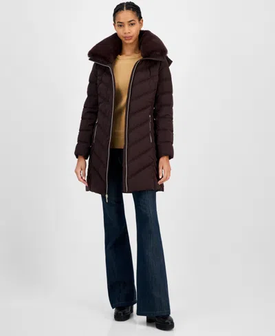 Michael Kors Michael  Women's Faux-fur-trim Hooded Puffer Coat In Brown