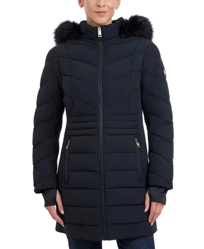 Michael Kors Michael  Women's Faux-fur-trim Hooded Puffer Coat, Created For Macy's In Black