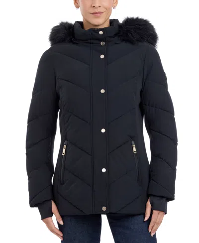 Michael Kors Michael  Women's Faux-fur-trim Hooded Puffer Coat, Created For Macy's In Black
