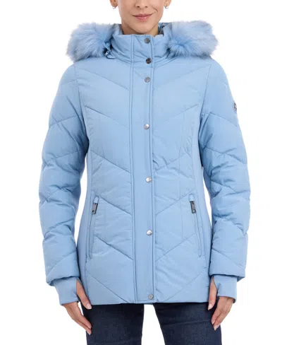 Michael Kors Michael  Women's Faux-fur-trim Hooded Puffer Coat, Created For Macy's In Chambray