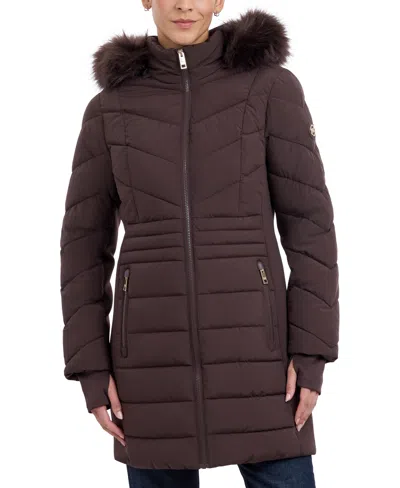 Michael Kors Michael  Women's Faux-fur-trim Hooded Puffer Coat, Created For Macy's In Chocolate