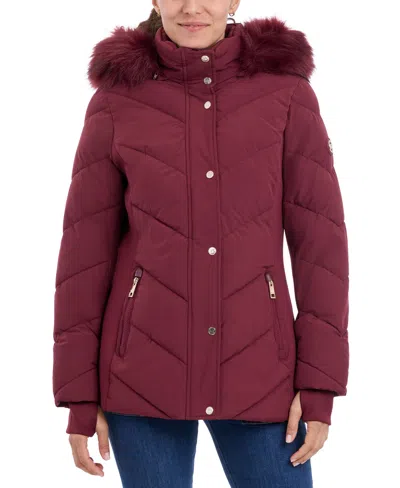 Michael Kors Michael  Women's Faux-fur-trim Hooded Puffer Coat, Created For Macy's In Dark Brandy
