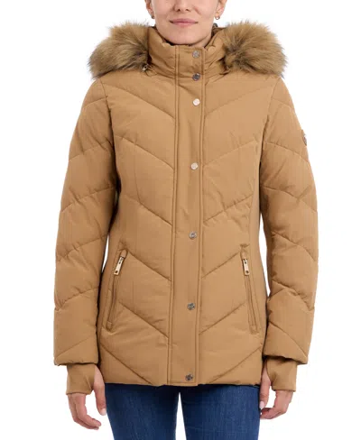 Michael Kors Michael  Women's Faux-fur-trim Hooded Puffer Coat, Created For Macy's In Dark Camel