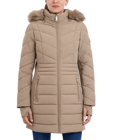 Michael Kors Michael  Women's Faux-fur-trim Hooded Puffer Coat, Created For Macy's In Taupe