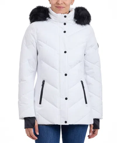 Michael Kors Michael  Women's Faux-fur-trim Hooded Puffer Coat, Created For Macy's In White