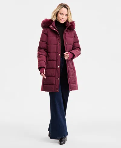 Michael Kors Michael  Women's Faux-fur-trim Hooded Puffer Coat, Exclusively At Macy's In Burgundy