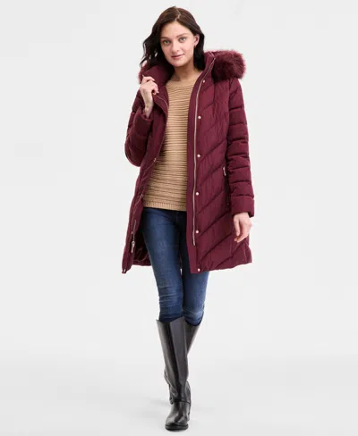 Michael Kors Michael  Women's Faux-fur-trim Hooded Puffer Coat, Exclusively At Macy's In Burgundy